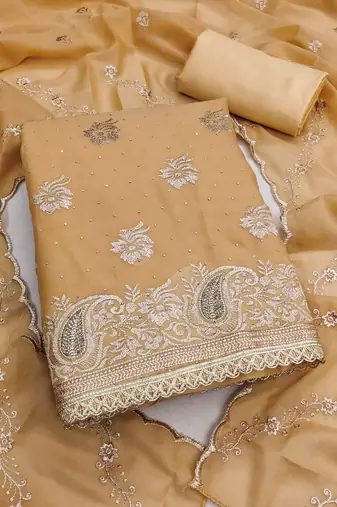 beige embroidered georgette unstitched dress material 