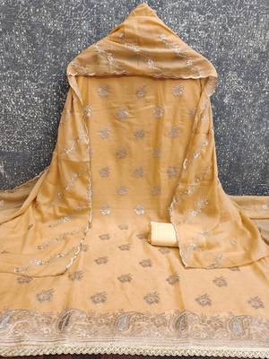 beige embroidered georgette unstitched dress material  2