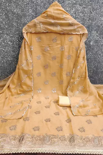 beige embroidered georgette unstitched dress material 