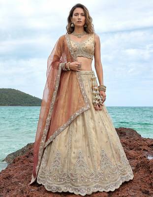 Women's Cream Tissue Beads with zari Embroidered Lehenga Choli with Dupatta 1