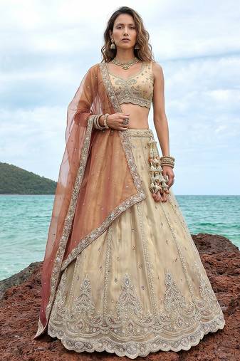 Women's Cream Tissue Beads with zari Embroidered Lehenga Choli with Dupatta