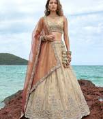 Women's Cream Tissue Beads with zari Embroidered Lehenga Choli with Dupatta
