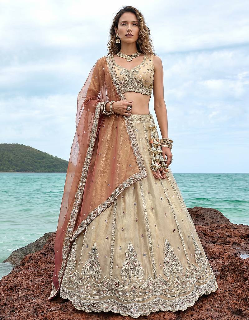 Women's Cream Tissue Beads with zari Embroidered Lehenga Choli with Dupatta
