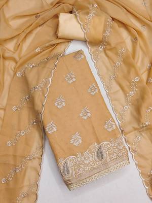 beige embroidered georgette unstitched dress material  3