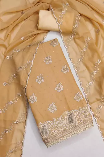 beige embroidered georgette unstitched dress material 