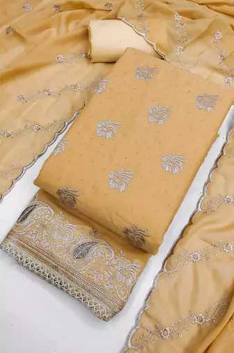 beige embroidered georgette unstitched dress material 