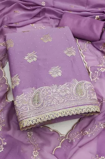 lavender embroidered georgette unstitched dress material 