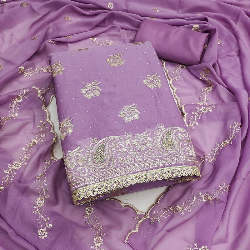 lavender embroidered georgette unstitched dress material 
