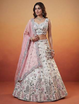 Women's White and Pink Organza Swarovski stones Embroidered Lehenga Choli with Dupatta 1