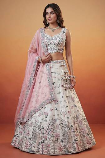 Women's White and Pink Organza Swarovski stones Embroidered Lehenga Choli with Dupatta