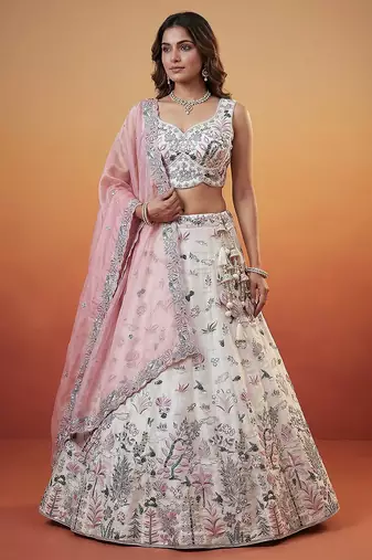 Women's White and Pink Organza Swarovski stones Embroidered Lehenga Choli with Dupatta