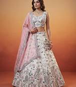 Women's White and Pink Organza Swarovski stones Embroidered Lehenga Choli with Dupatta