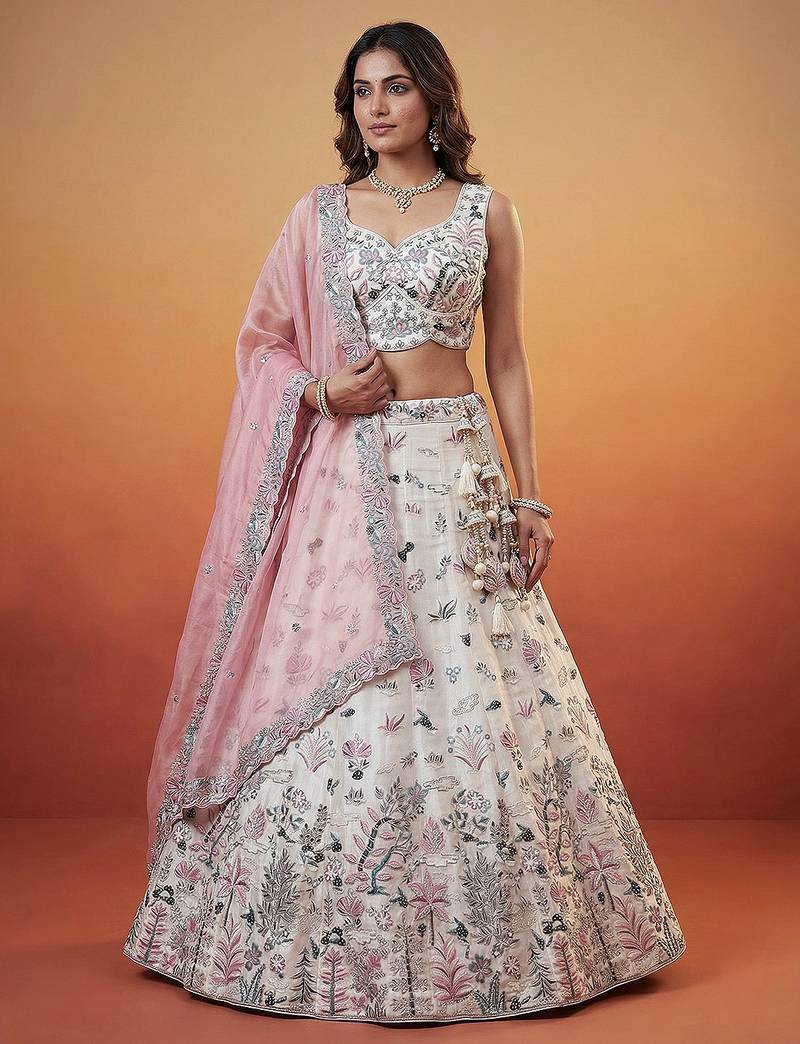 Women's White and Pink Organza Swarovski stones Embroidered Lehenga Choli with Dupatta
