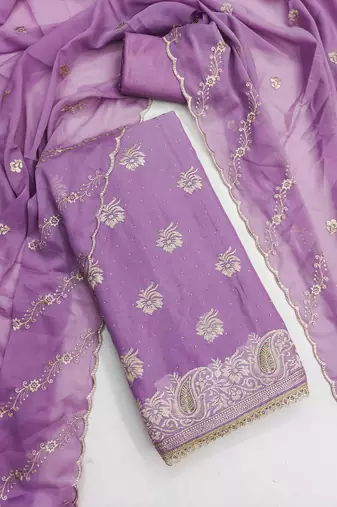lavender embroidered georgette unstitched dress material 