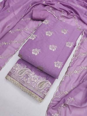 lavender embroidered georgette unstitched dress material  4