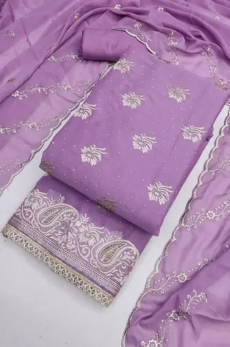 lavender embroidered georgette unstitched dress material 