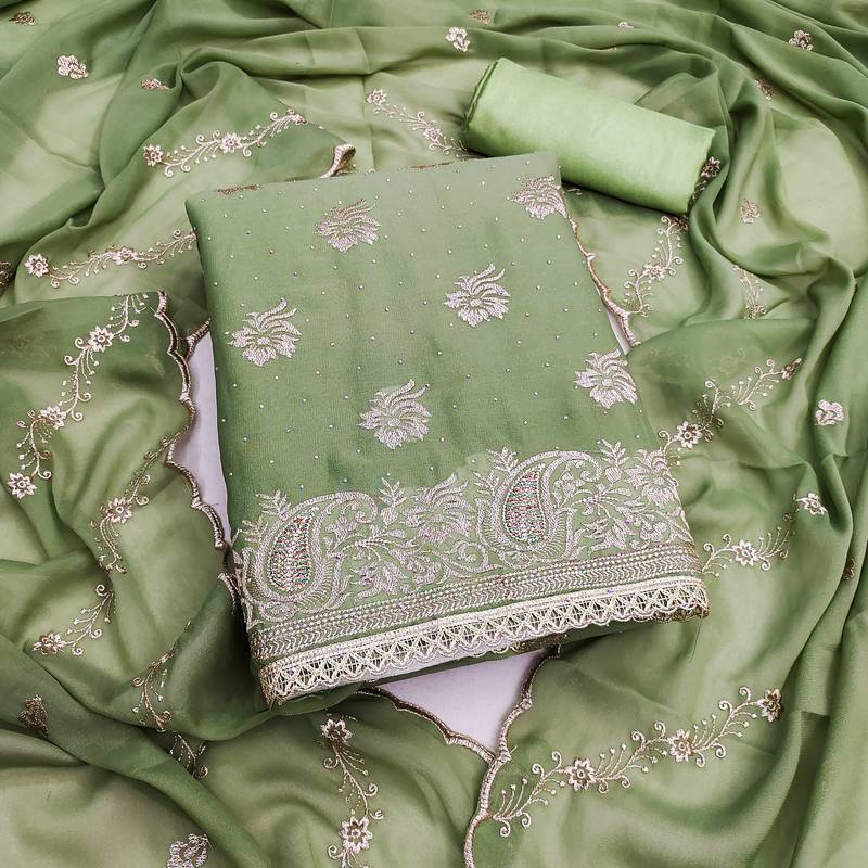 yellow embroidered georgette unstitched dress material 