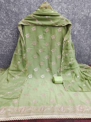 yellow embroidered georgette unstitched dress material  2