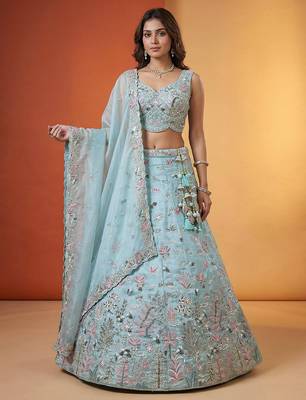 Women's Sky Organza Swarovski stones Embroidered Lehenga Choli with Dupatta 1