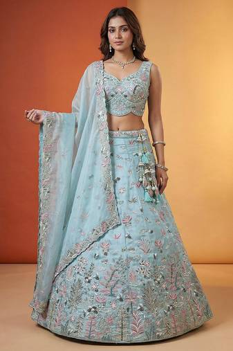 Women's Sky Organza Swarovski stones Embroidered Lehenga Choli with Dupatta