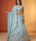 Women's Sky Organza Swarovski stones Embroidered Lehenga Choli with Dupatta