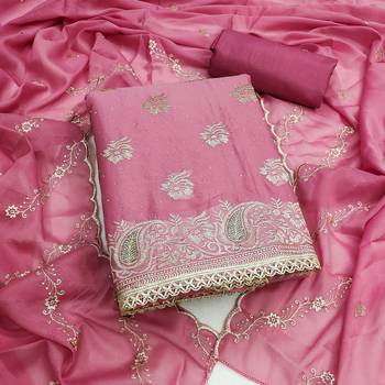 pink embroidered georgette unstitched dress material  1