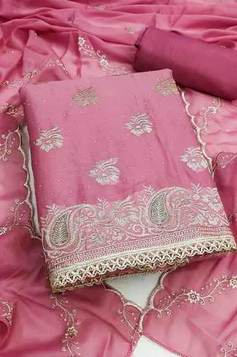 pink embroidered georgette unstitched dress material 