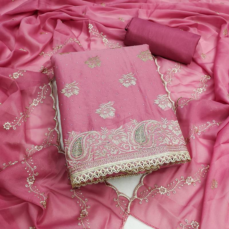 pink embroidered georgette unstitched dress material 