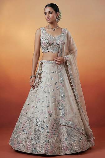 Women's Silver Organza Swarovski stones Embroidered Lehenga Choli with Dupatta