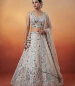 Women's Silver Organza Swarovski stones Embroidered Lehenga Choli with Dupatta