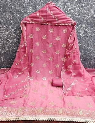 pink embroidered georgette unstitched dress material  2