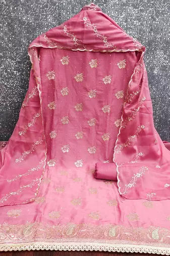 pink embroidered georgette unstitched dress material 