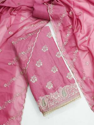 pink embroidered georgette unstitched dress material  3