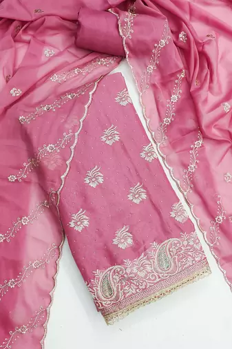 pink embroidered georgette unstitched dress material 