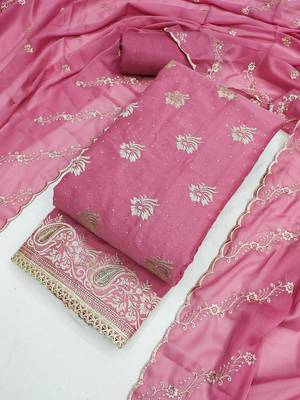 pink embroidered georgette unstitched dress material  4