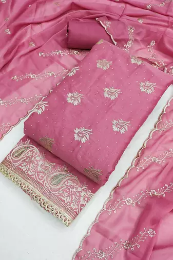 pink embroidered georgette unstitched dress material 