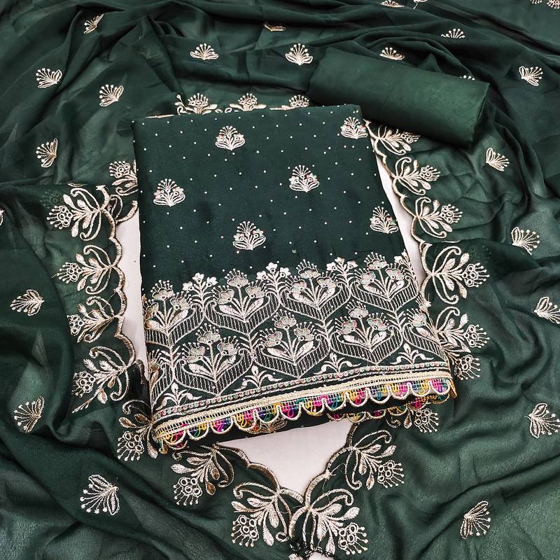 green embroidered georgette unstitched dress material 