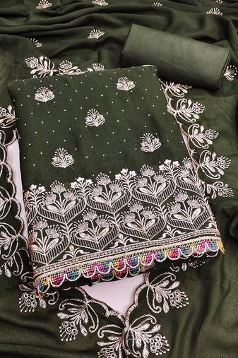 olive green embroidered georgette unstitched dress material 