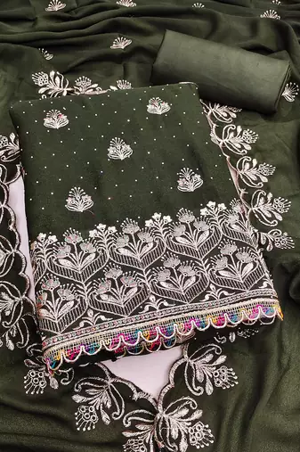 olive green embroidered georgette unstitched dress material 