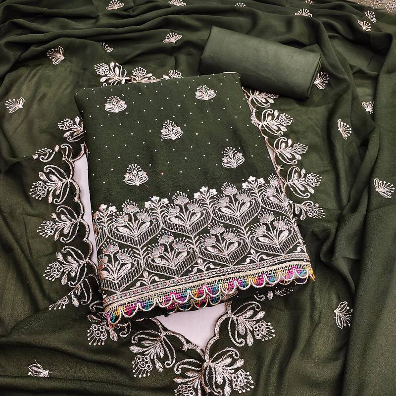 olive green embroidered georgette unstitched dress material 