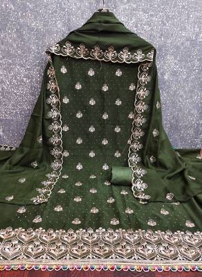 olive green embroidered georgette unstitched dress material  2