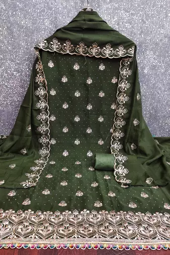 olive green embroidered georgette unstitched dress material 