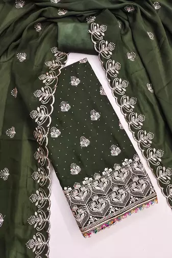 olive green embroidered georgette unstitched dress material 