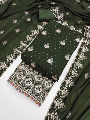olive green embroidered georgette unstitched dress material  4