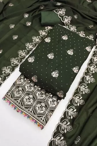 olive green embroidered georgette unstitched dress material 