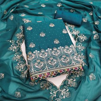 Teal blue embroidered georgette unstitched dress material 1