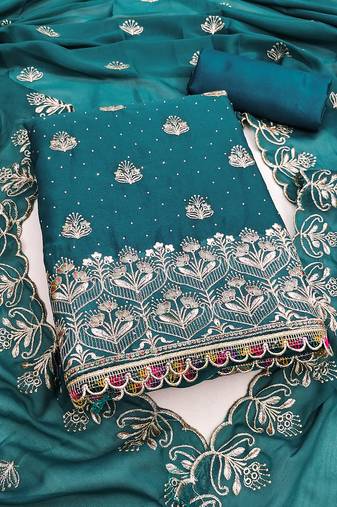 Teal blue embroidered georgette unstitched dress material