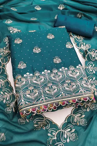 Teal blue embroidered georgette unstitched dress material