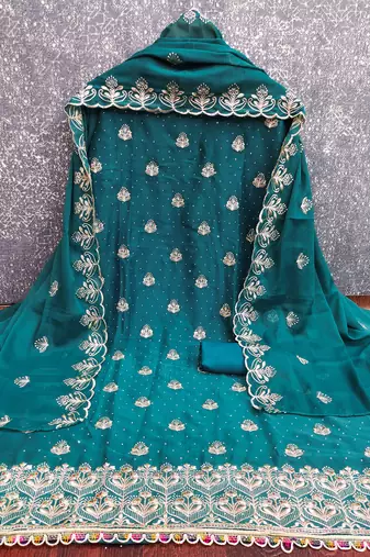 Teal blue embroidered georgette unstitched dress material