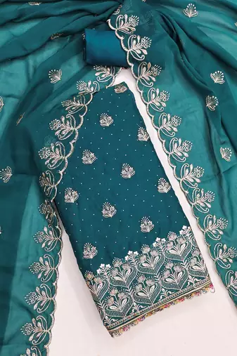 Teal blue embroidered georgette unstitched dress material